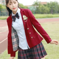 Halloween Carnaval Traje De Uniforme Escolar Falda Plisada Roja Botones Blazer De Decoración Mercancía De Anime De 4 Piezas Halloween