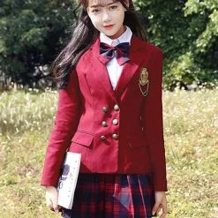 Halloween Carnaval Traje De Uniforme Escolar Blazer Cruzado Rojo De Ture Con Falda Plisada Mercancía De Anime De 3 Piezas Halloween